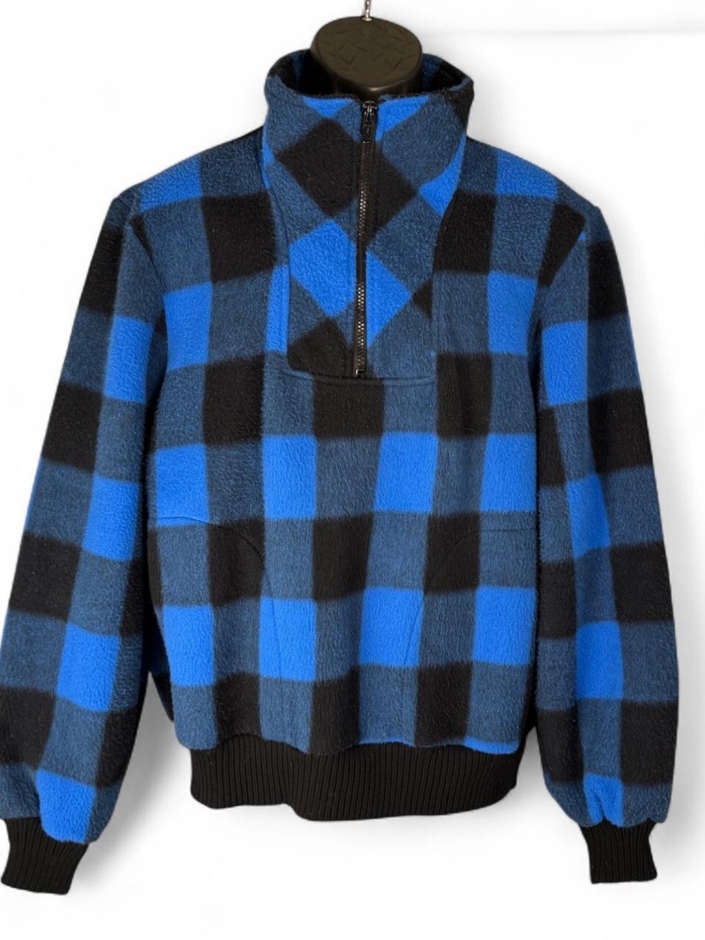 Vintage Aberdeen Polar Fleece Jacket L Blue Black Buffalo Plaid Quarter Zip USA
